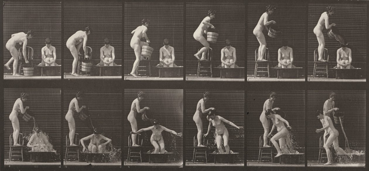 Plate Number 406. Woman pouring a bucket of water over another woman by Eadweard Muybridge