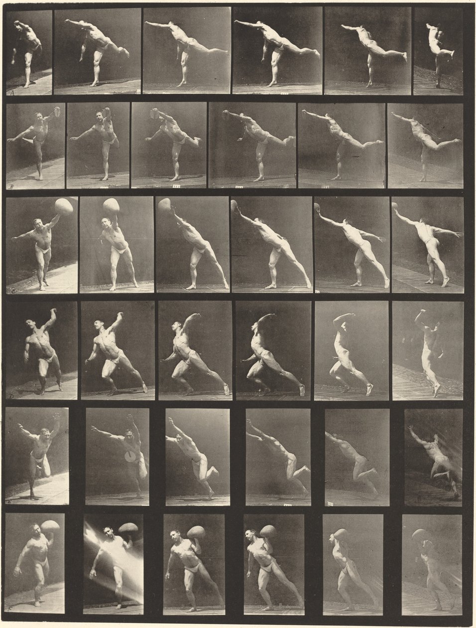 Plate Number 523. A: Striking a blow. B, E: Throwing disk. C, F: Heaving a 75-lb. stone. D: Throwing a ball by Eadweard Muybridge