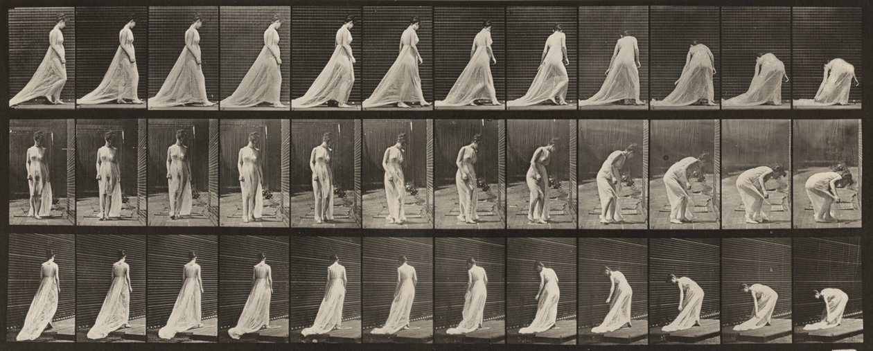 Plate Number 56. Walking, Turning and Stooping to Lift Train by Eadweard Muybridge