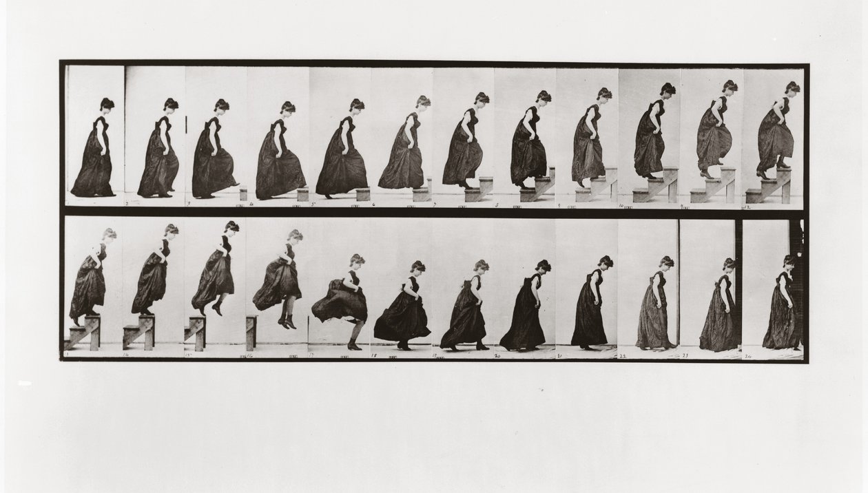Woman climbing stairs and jumping down, Plate 173 from Animal Locomotion by Eadweard Muybridge