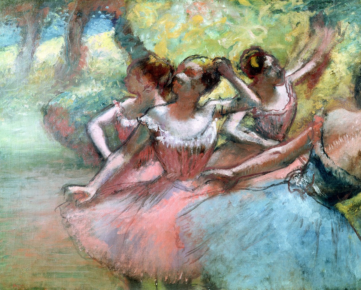 Four ballerinas on the stage (pastel) by Edgar Degas