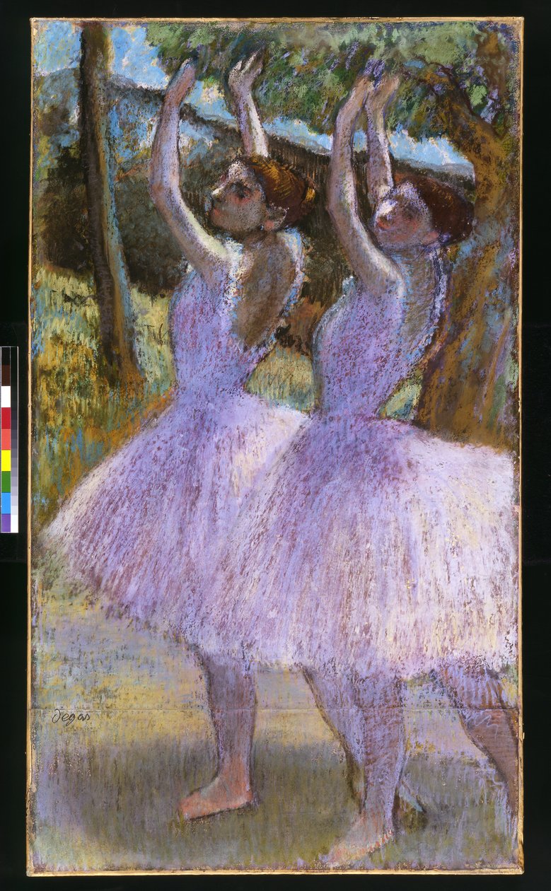 Dancers in violet dresses, arms raised by Edgar Degas