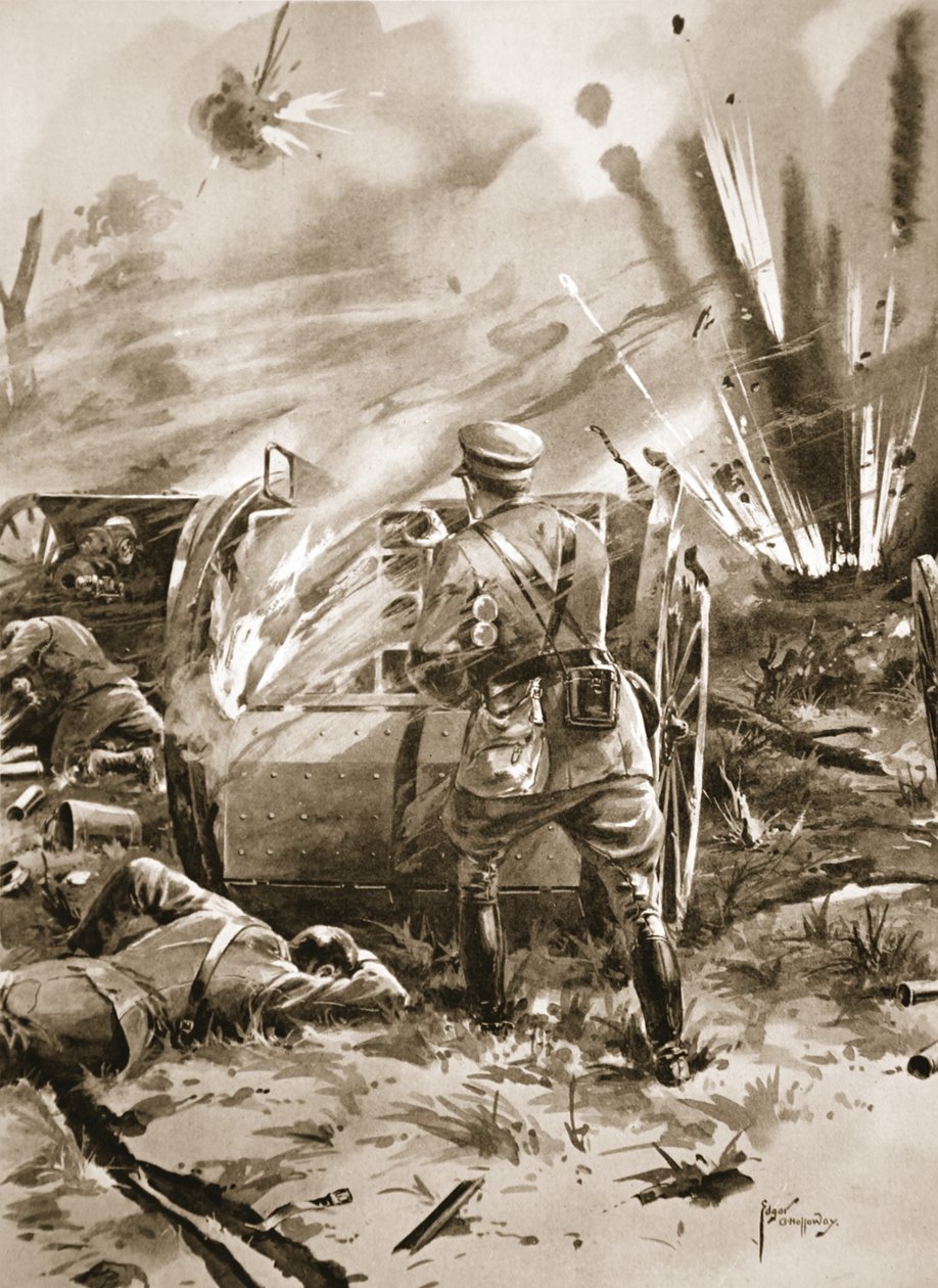 Major Warren removing cartridges from a blazing ammunition wagon at great personal risk by Edgar Alfred Holloway