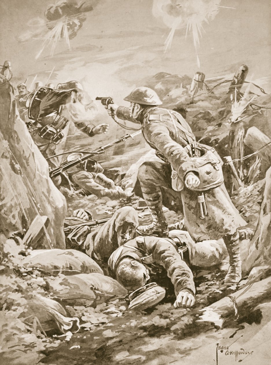 Private (Acting-Corporal) L. Clarke, singlehanded, holding at bay a party of Germans during a counter-attack by Edgar Alfred Holloway