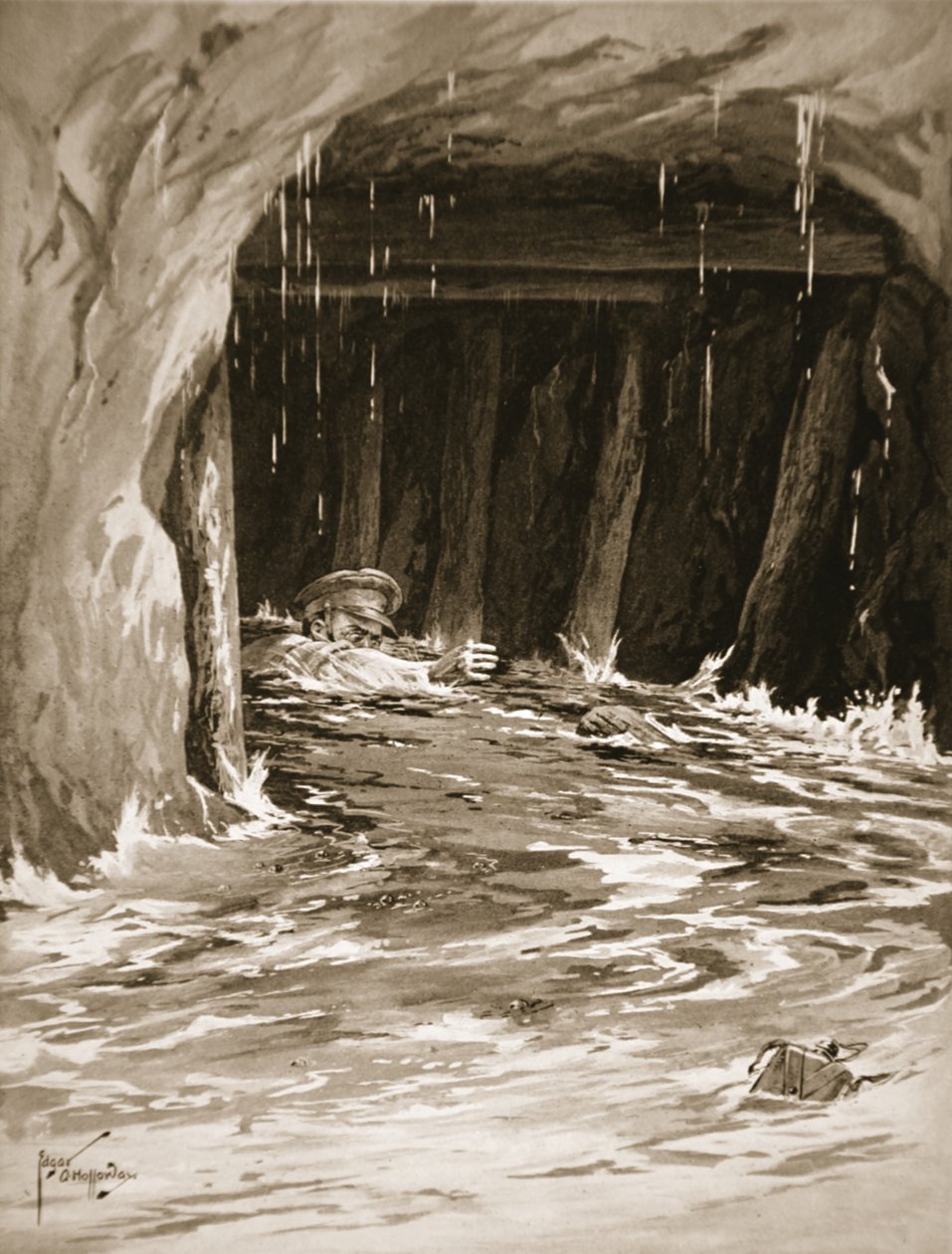 Second-Corporal Collier struggling out of a mine gallery nearly full of water after completing his work by Edgar Alfred Holloway