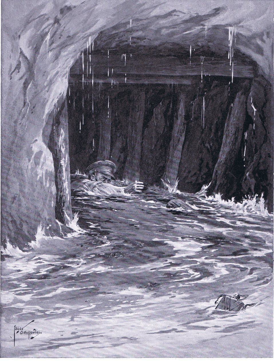 Second Corporal Collier Struggling Out of a Mine Gallery Nearly Full of Water After Completing His Work (DCM) by Edgar Alfred Holloway