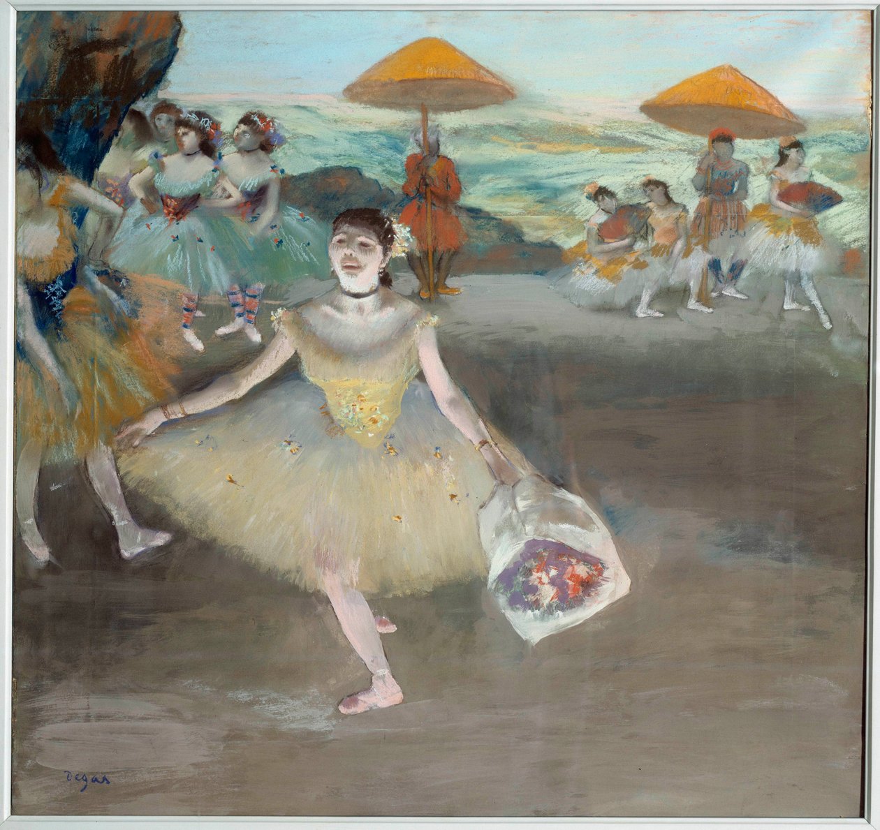 Dancer with the bouquet greeting on stage by Edgar Degas