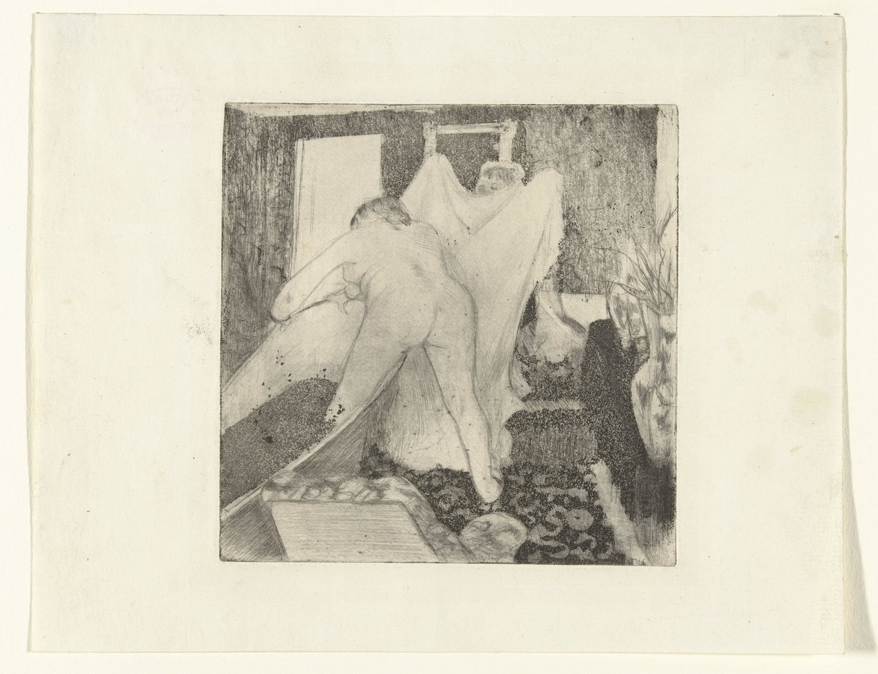 Woman Stepping Out of Bath and Receiving Towel from Another Woman by Edgar Degas