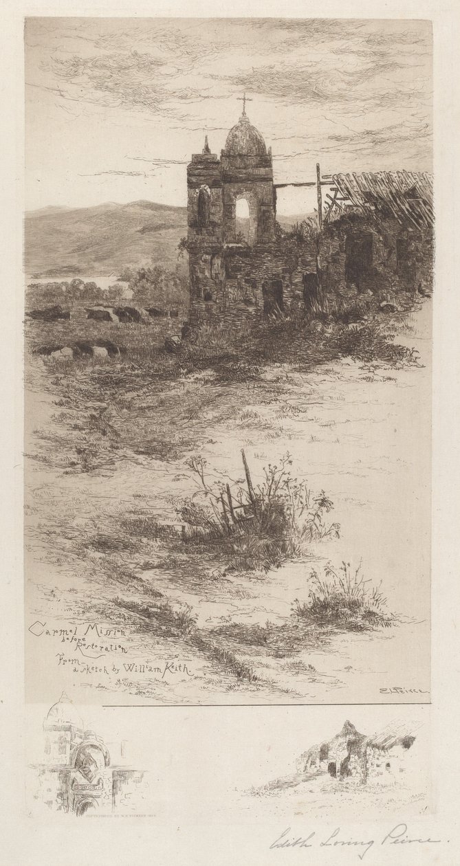 Carmel Mission (before restoration) by Edith Loring Peirce Getchell, after William Keith