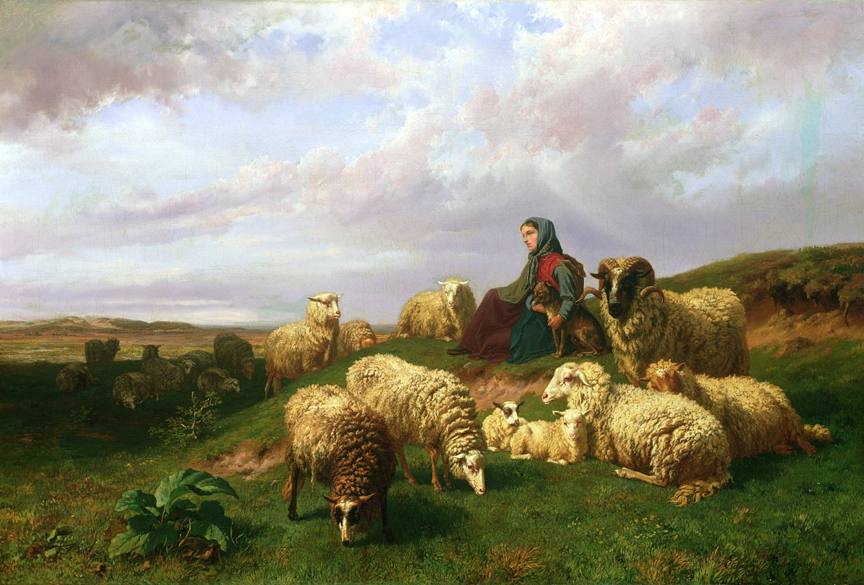 Shepherdess Resting with Her Flock by Edmond Jean Baptiste Tschaggeny