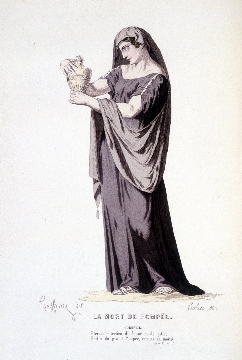 The character of Cornelie in the theatre play La mort de Pompee (Compendium of plays of Corneille) drawing by Geffroy, engraving by Colin - ed. Laplace, Sanchez et Cie, Paris 1884 by Edmond Aime Florentin Geffroy