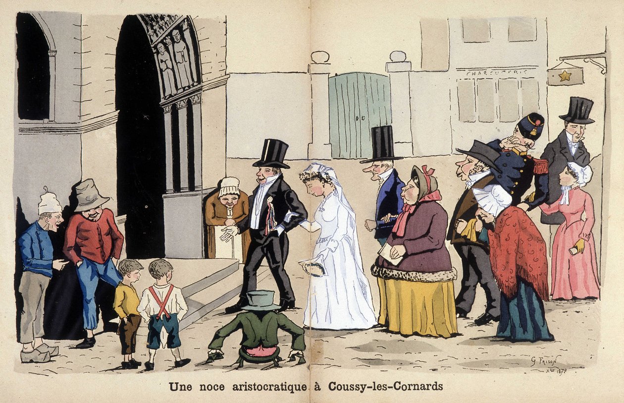Cartoon on French society by Lavrate: an aristocratic wedding in Coussy les Cornards. 1880 by Edmond Lavrate
