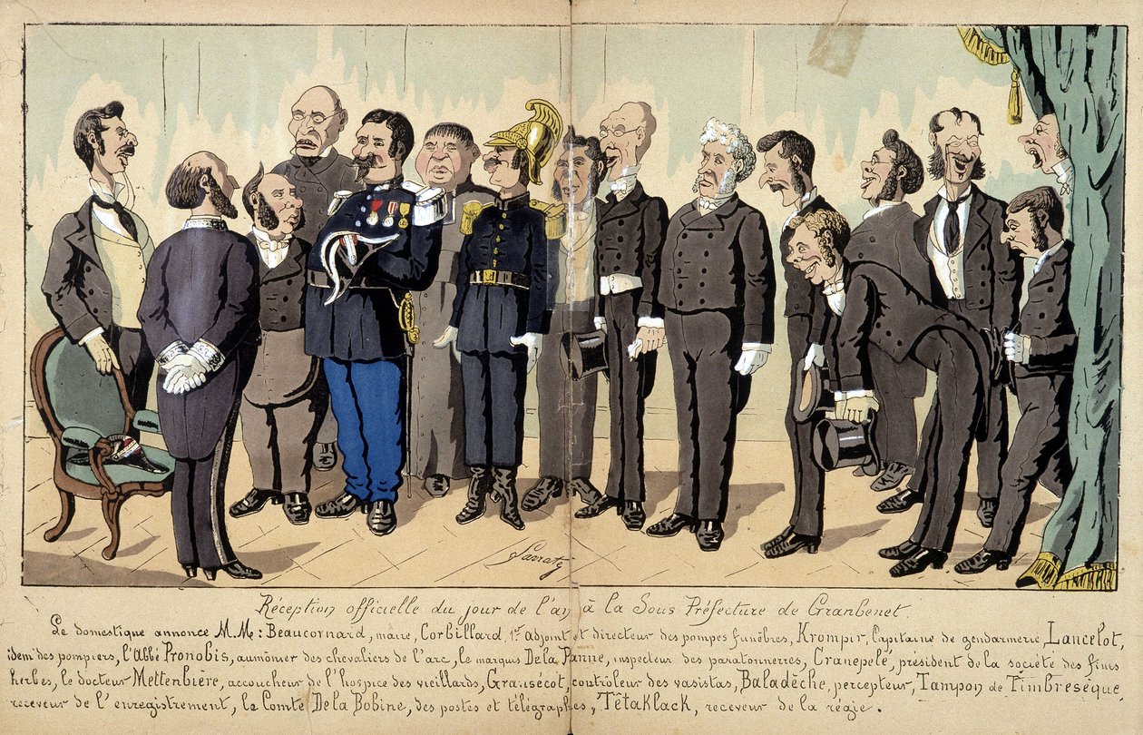 Cartoon on French society by Lavrate: the different figures from the civil service, administrative services at an official reception by Edmond Lavrate