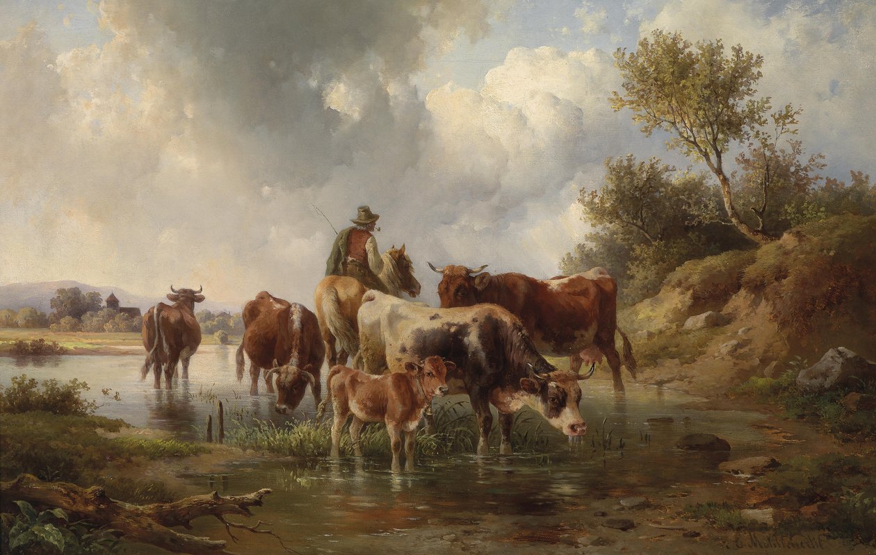 Cows with Shepherds at the Ford by Edmund Mahlknecht