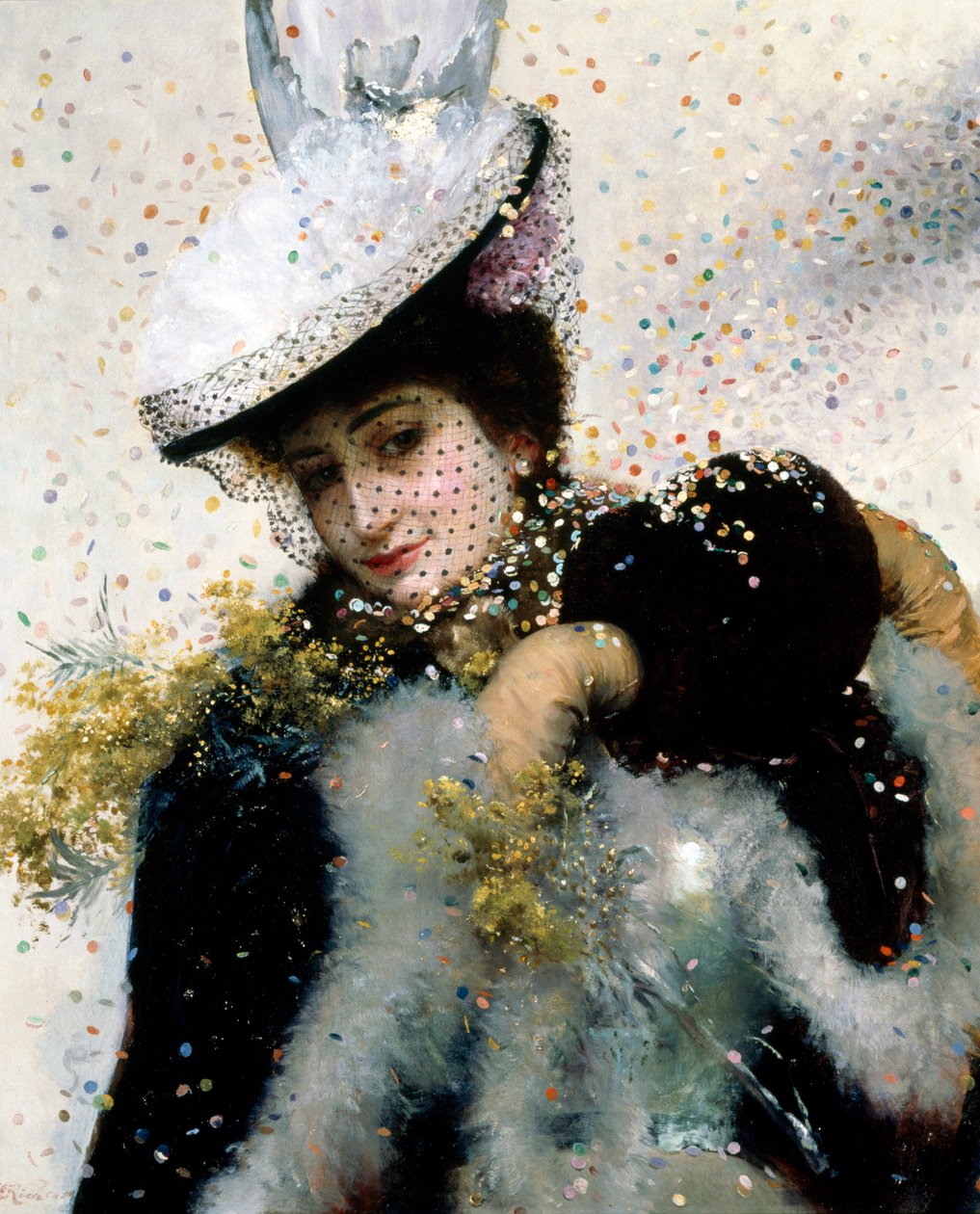 A Winter Bride. A young woman dressed in a fur coat, muff, and veiled hat smiles under a shower of confetti. by Edouard Frederic Wilhelm Richter