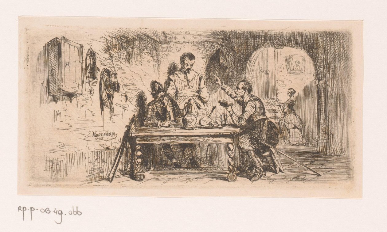 Three Soldiers at a Table in a Courtyard, One Reading from a Book by Edouard Hamman