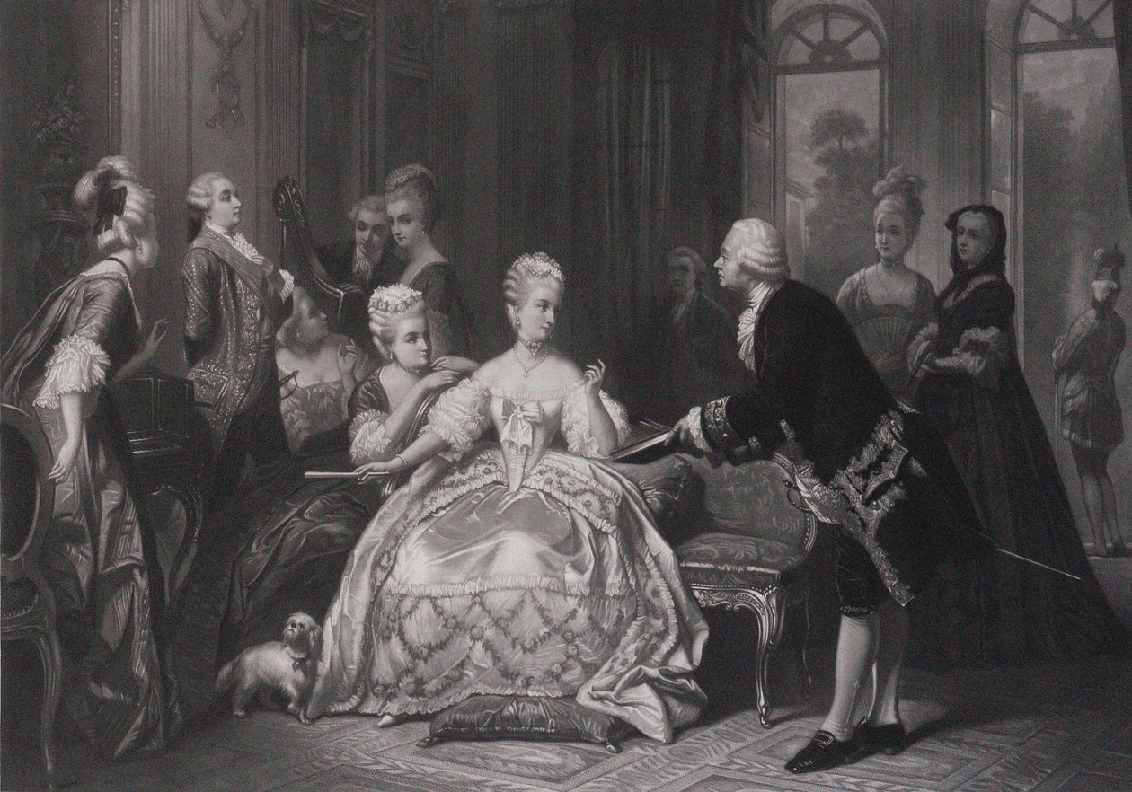 Christoph Willibald Gluck hands Queen Marie Antoinette the score of the opera at Trianon by Edouard Jean Conrad Hamman