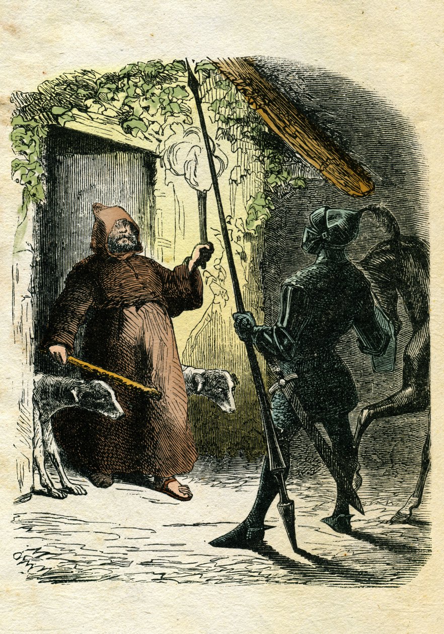 Illustration by Edward Frère (1797-1874) and Theodore Lix (1830-1897) for “Ivanhoe” by Walter Scott (1771-1832), Scottish writer: Black Knight accepts the hospitality of a hermit in the forest. by Edouard & Lix Theodore (1830-1897) Frere
