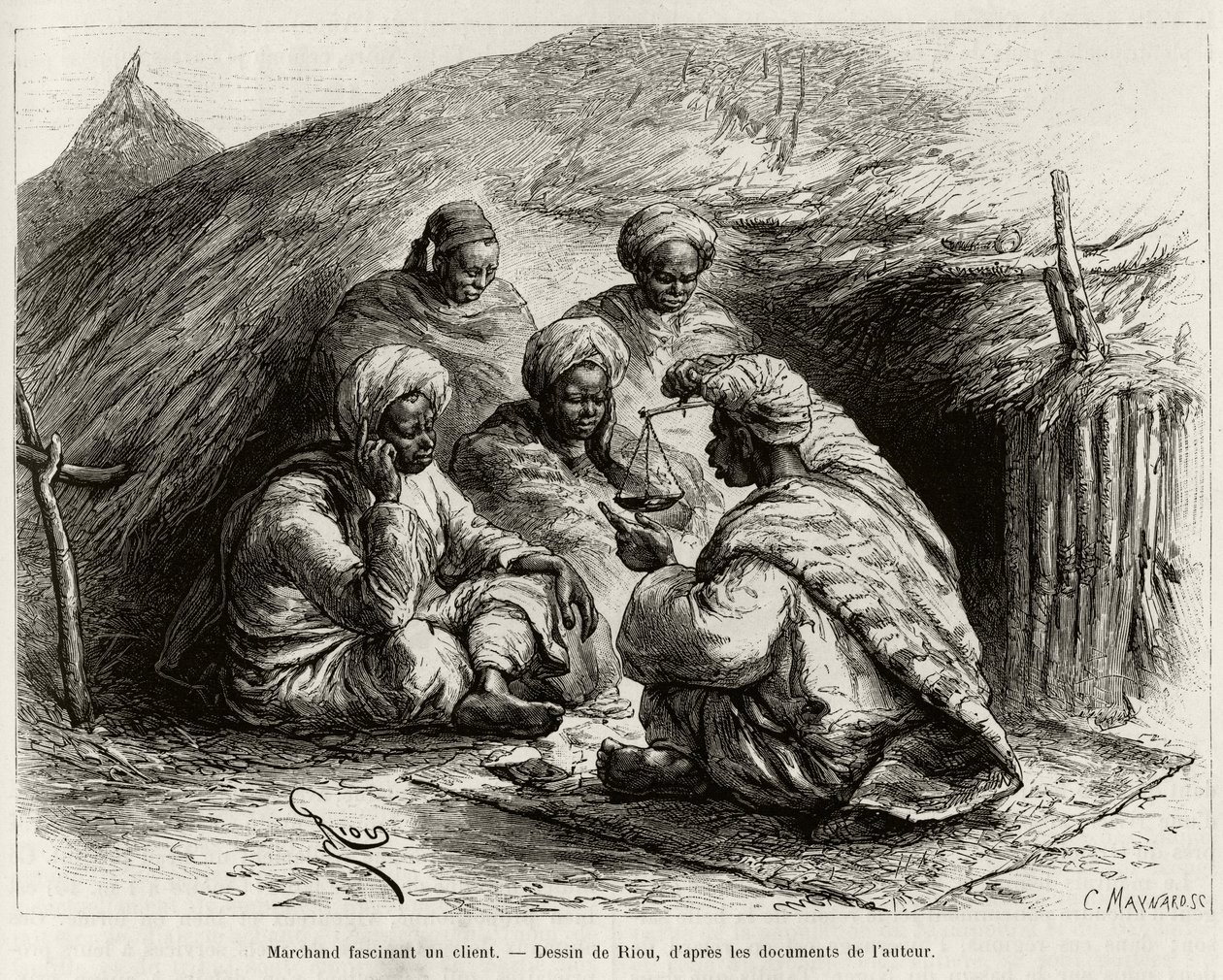 A merchant fascinating a customer. Engraving by Riou, to illustrate the story From Niger to the Gulf of Guinee by Captain Louis Gustave Binger by Edouard Riou
