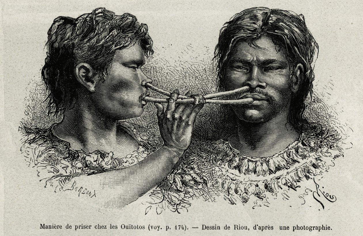 An instrument made of bird bone and a way of snuffing among the Indians ouitotos (uitoto), blowing in unison, they simultaneously send the catch. Engraving by Riou, to illustrate the story of Cayenne aux Andes, by Jules Crevaux, doctor of the French navy by Edouard Riou