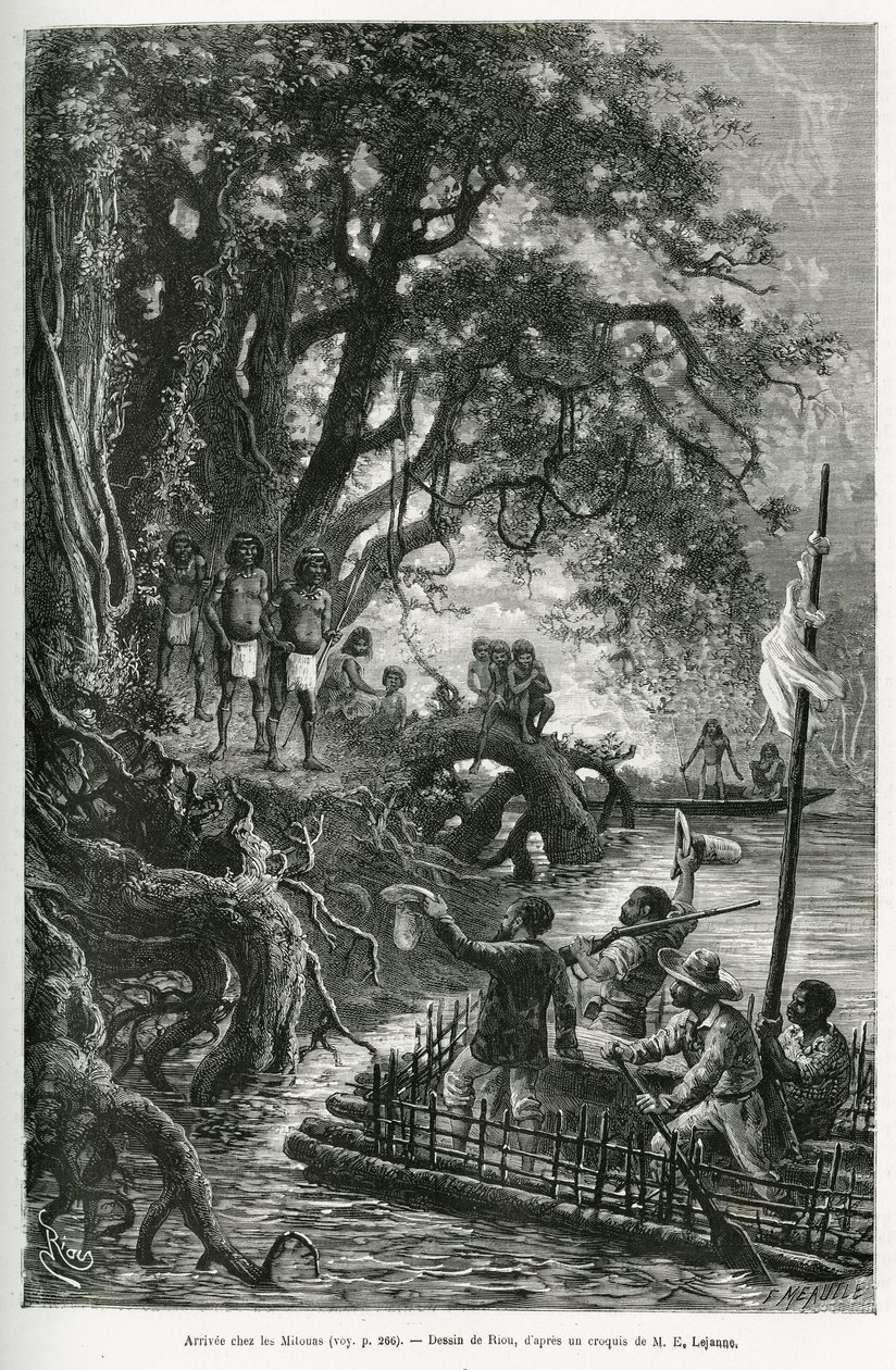 Arrival of the raft of Dr. Crevaux and E. Lejeanne, on the banks bordering the village of Mitouas. Engraving by Riou, to illustrate the voyage of exploration through New Granada and Venezuela, by Doctor Crevaux, first class physician of the navy and E. Lej by Edouard Riou