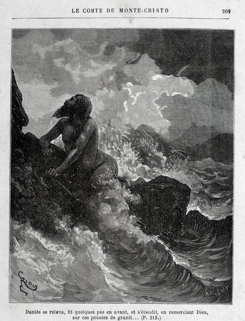 Dantès escaped by swimming - Engraving by Riou, in Le Comte de Monte-Cristo by A. Dumas, ed. Jules Rouff & Cie by Edouard Riou