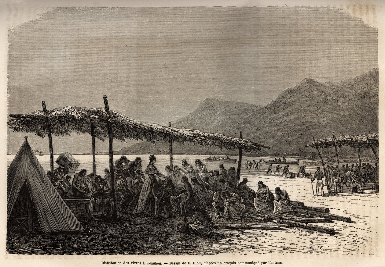 Distribution of food in Keauhou after the earthquake and volcanic eruption of 1868. Engraving illustrating a voyage to the Sandwich Islands by C. de Varigny, published in 