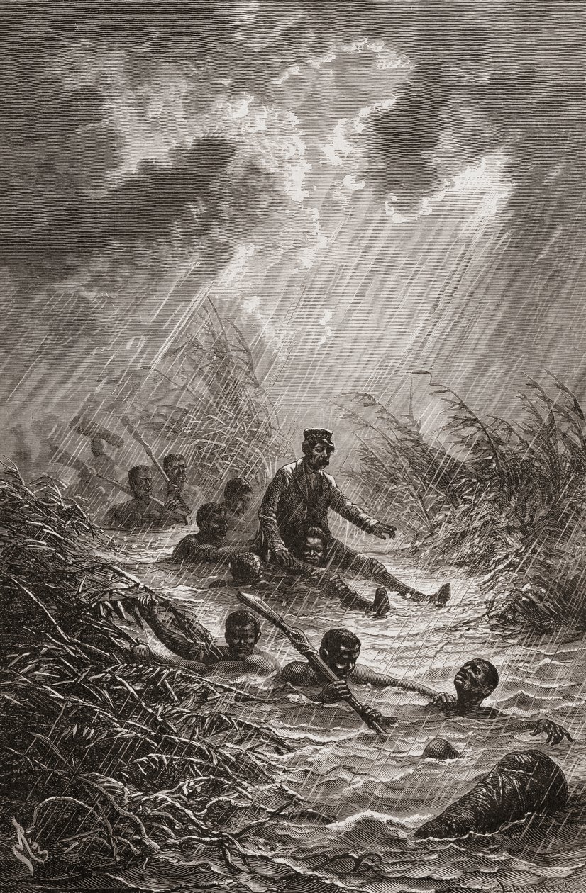 Dr. David Livingstone being carried through a swamp by porters during his expedition to Africa in 1872, illustration from 