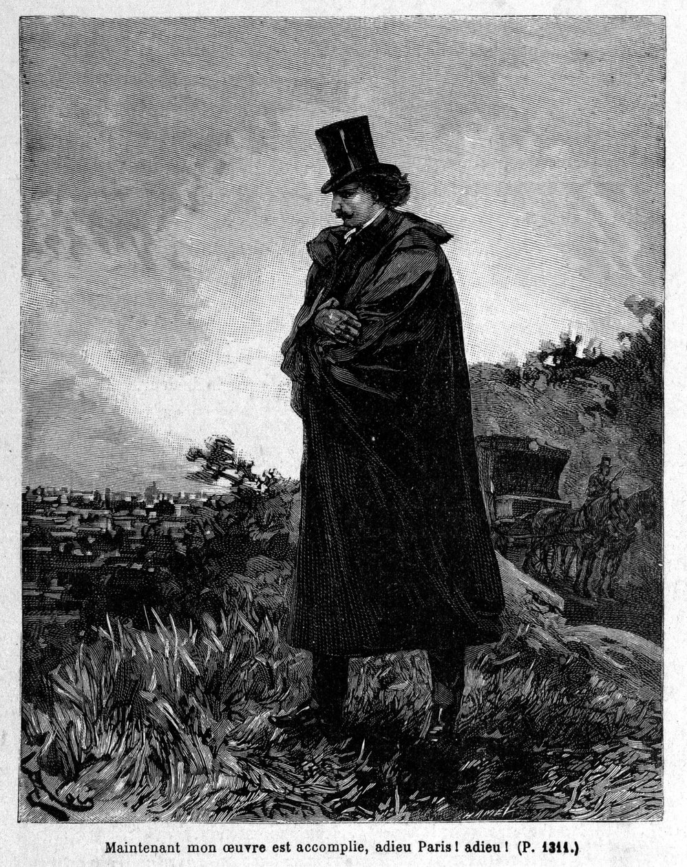 Edmond Dantes, the Count of Monte-Cristo leaving Paris - Engraving by Riou, in 