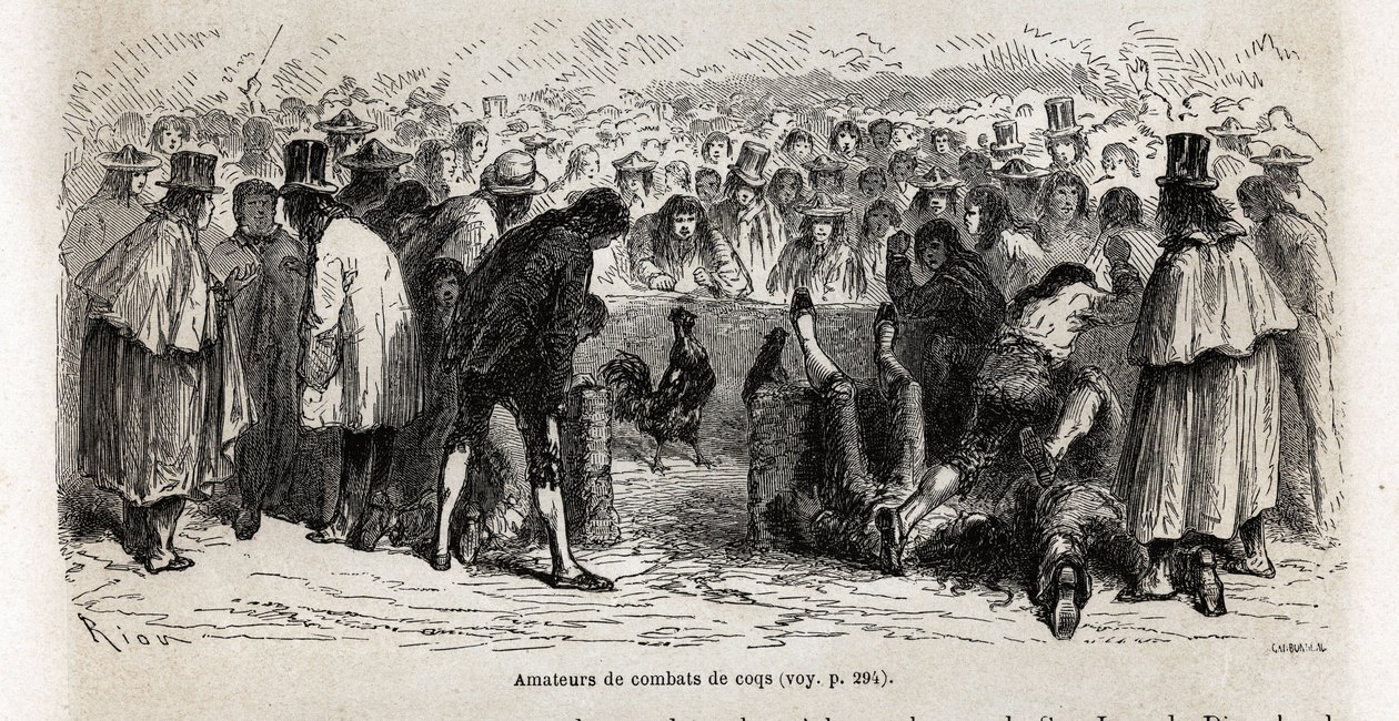 Fighters, gather every Sunday around the cancha de gallos by Edouard Riou