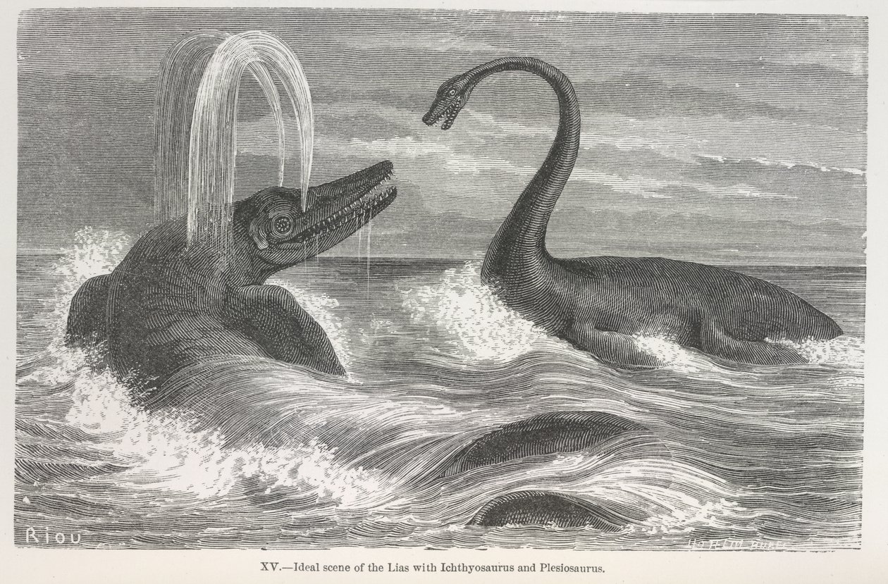 Ideal Scene of the Lias with Ichthyosaurus and Plesiosaurus by Edouard Riou