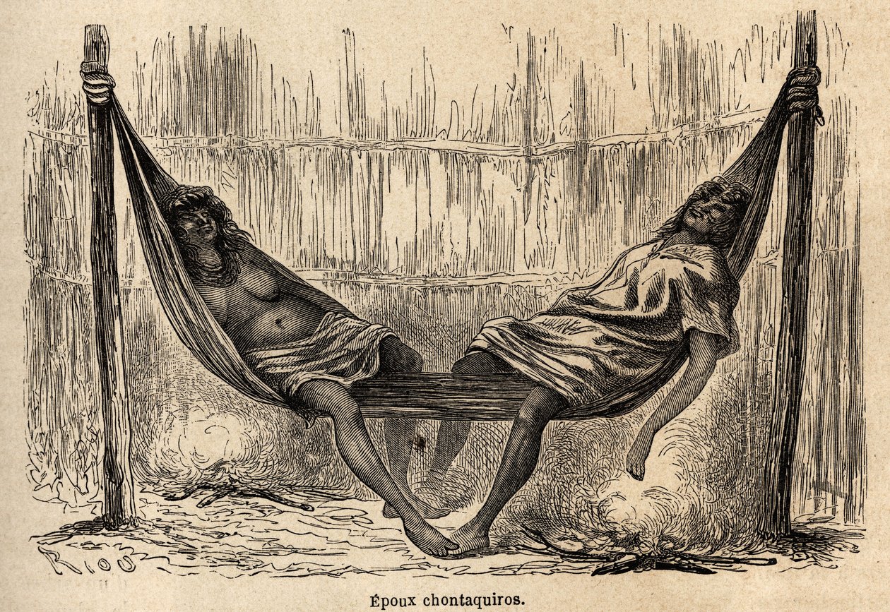 Indian husbands Chontaquiros of Peru sleeping in their bridal hammock. Engraving in Le tour du monde, edited by Edouard Charton by Edouard Riou