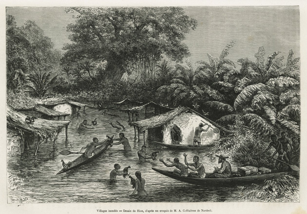 Flooded villages (drawing by Riou, to illustrate the story of a trip to Gabon and the Ogoue River in 1875-1877 by Alfred Marche. Engraving in 