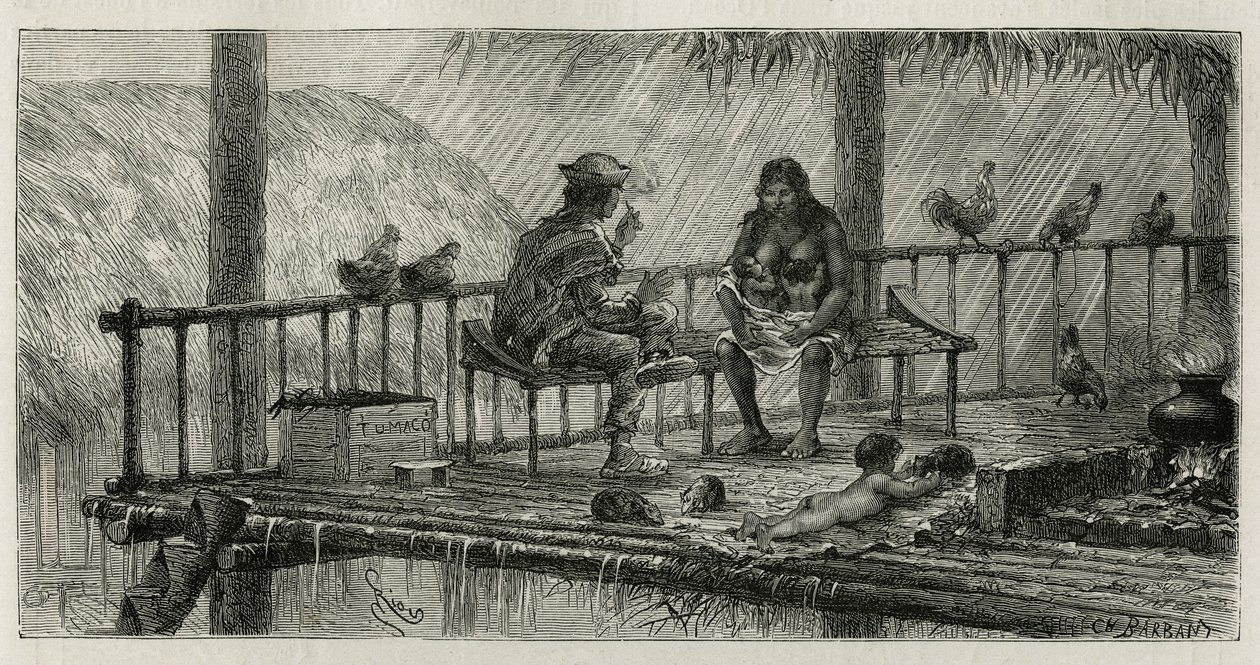 Inside scene in San Pablo, a family sheltered from the rain, the father smokes a cigarillo, the mother feeds two babies in the breast and the groin plays with a small animal, stretches on the floor on a bete skin, engraving by Riou, to illustrate the story by Edouard Riou