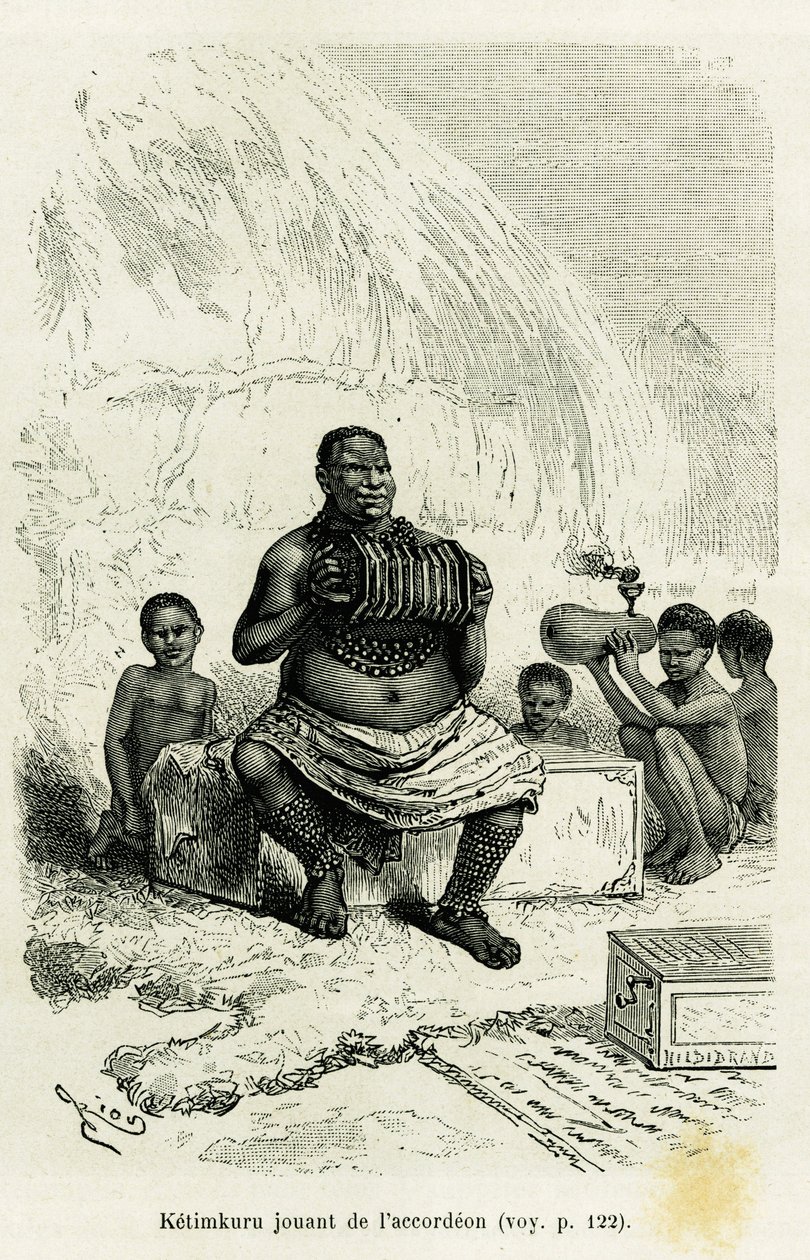 Ketimkuru, tribal leader, playing the accordion. Engraving to illustrate the story Les lacs de l