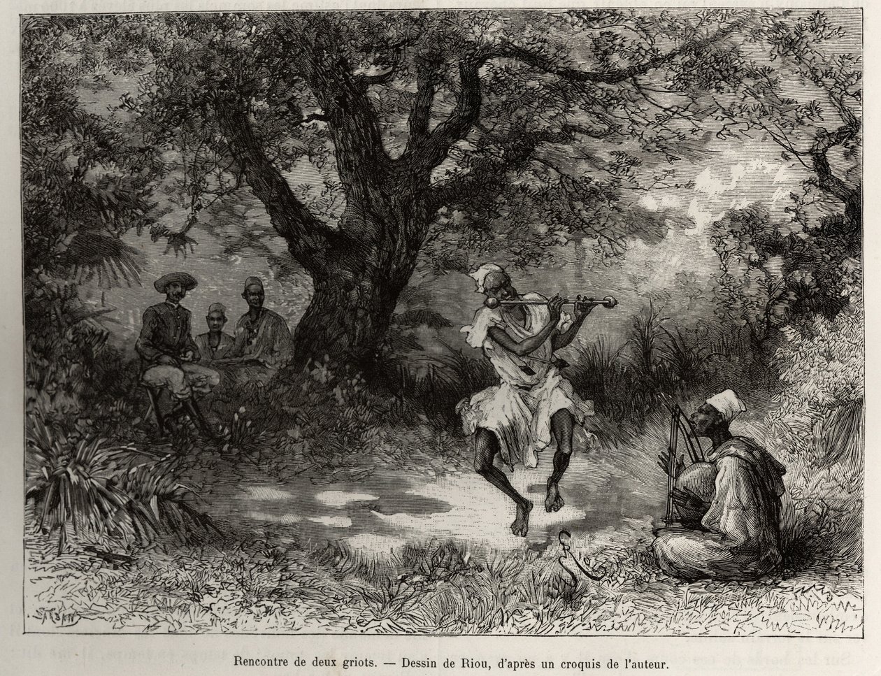Meet two griots, Captain Binger, sitting in the shade, enjoys the show. Engraving by Riou, to illustrate the story 