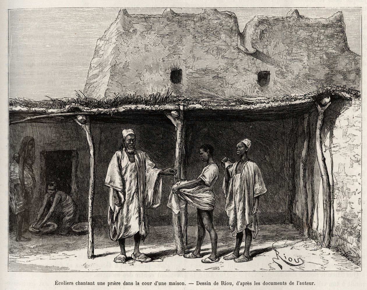 Muslim schoolchildren singing a prayer in the courtyard of a house, practiced in the country of Kong (Niger), the schoolchildren receive a handful of cauris, which they hand over to their teacher and which corresponds to a kind of tax for public education by Edouard Riou