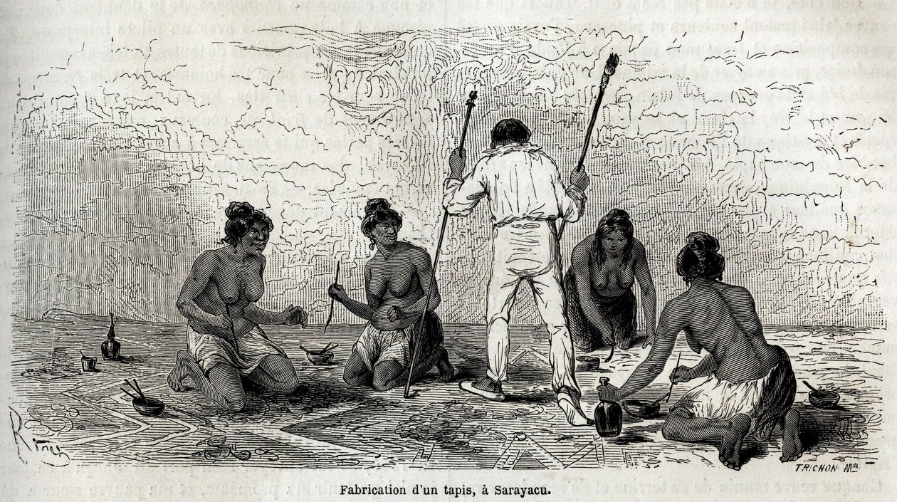 Paul Marcoy learned to make a carpet with the widows of Sarayacu, drawing by Riou, to illustrate Paul Marcoy