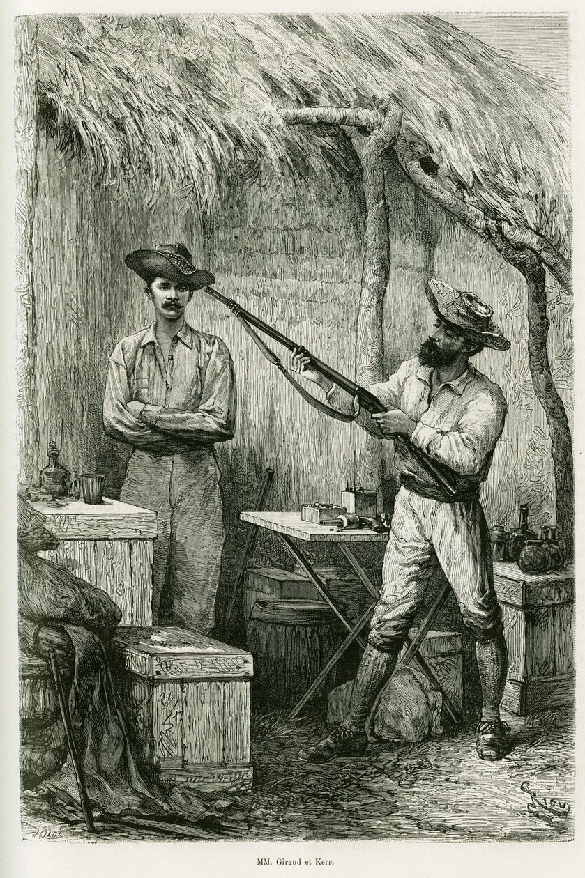 Porträt des Autors Victor Giraud, eines Schiffsfähnrichs und seines Reisenden Montagu Kerr, eines Jägers. Gravur von Riou, zur Illustration der Geschichte „Les lacs de l