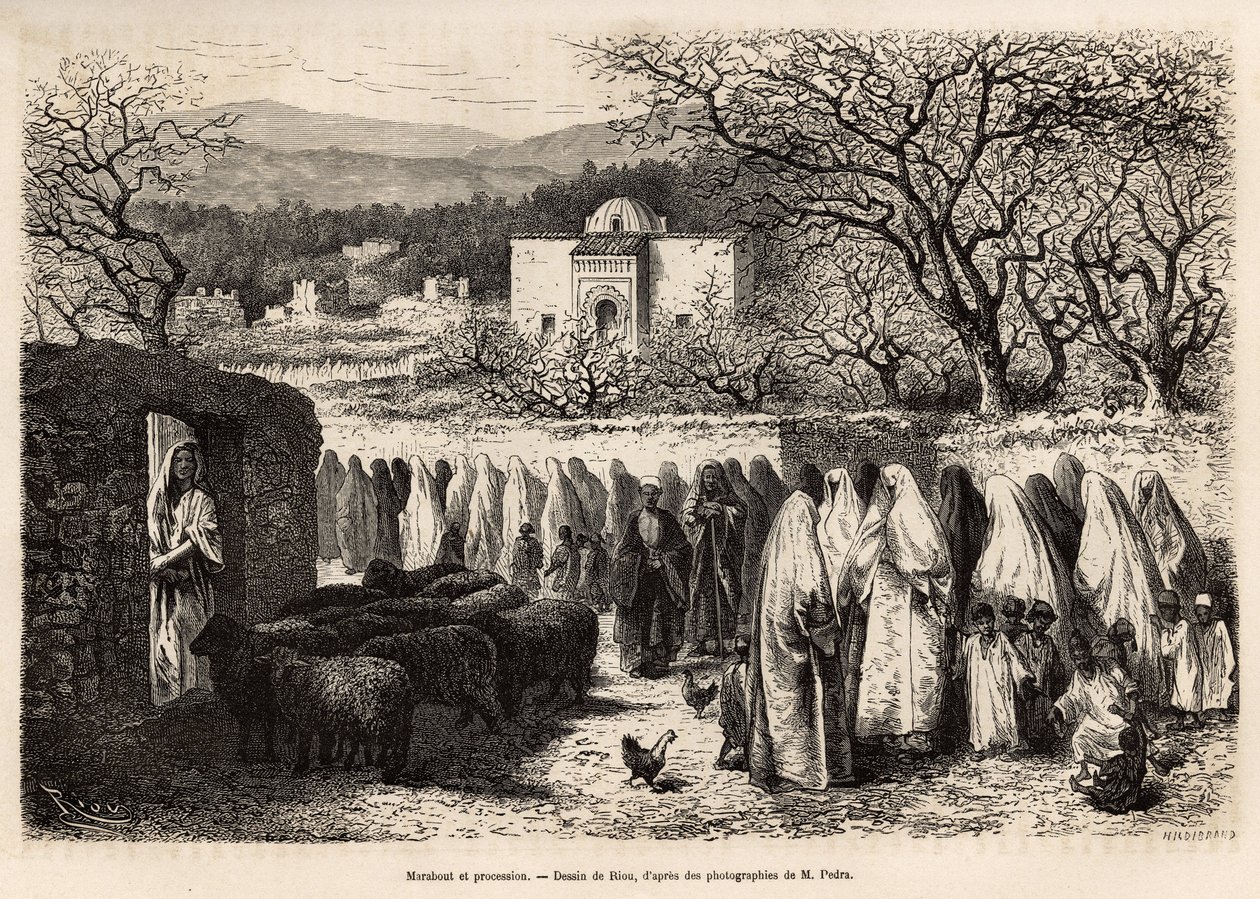 Procession to the Marabout de Tlemcen (Algeria). Engraving illustrating a voyage to Tlemcen by E. de Lorral, published in 