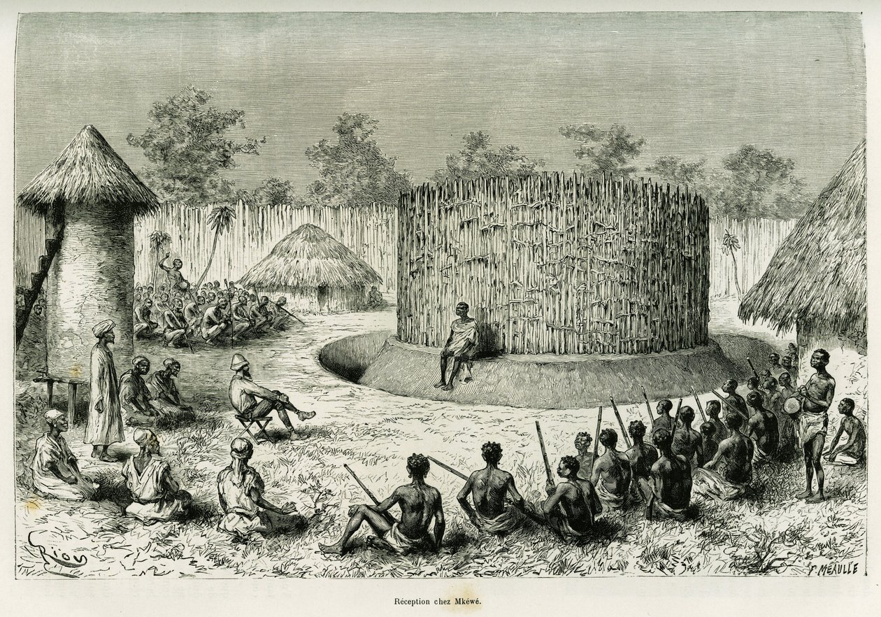 Reception at Mkwewe, Tribe Chief, with the Narrator. Engraving by Riou to illustrate the story 