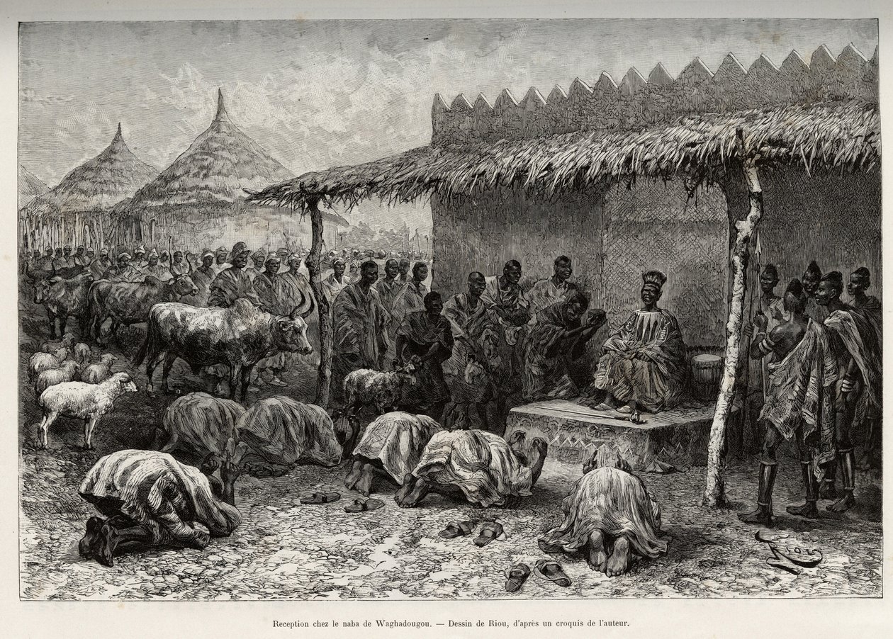 Reception at the naba Sanem, from the Mossi kingdom of Waghadougou. Engraving to illustrate the story From Niger to the Gulf of Guinee by Captain Louis Gustave Binger, in 1887-1889, in Le tour du monde 1890, directed by Edouard Charton, Hachette, Paris. by Edouard Riou