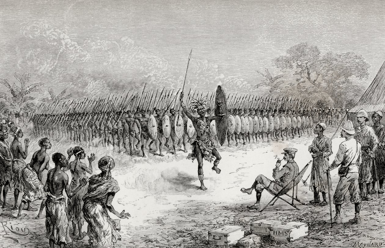 Sir Henry Morton Stanley watching a phalanx dance by Mazamboni