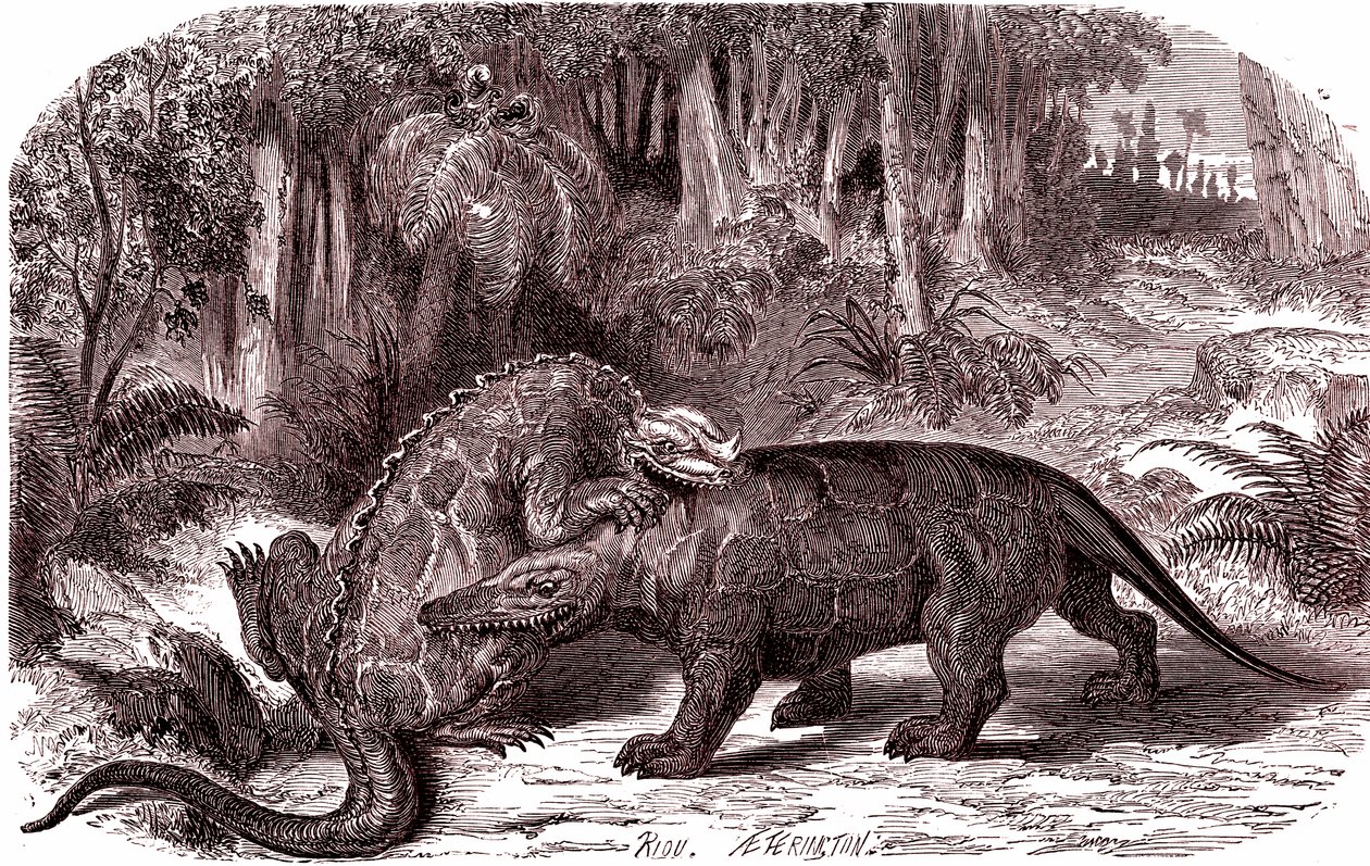 The Iguanodon and the Megalosaurus by Edouard Riou