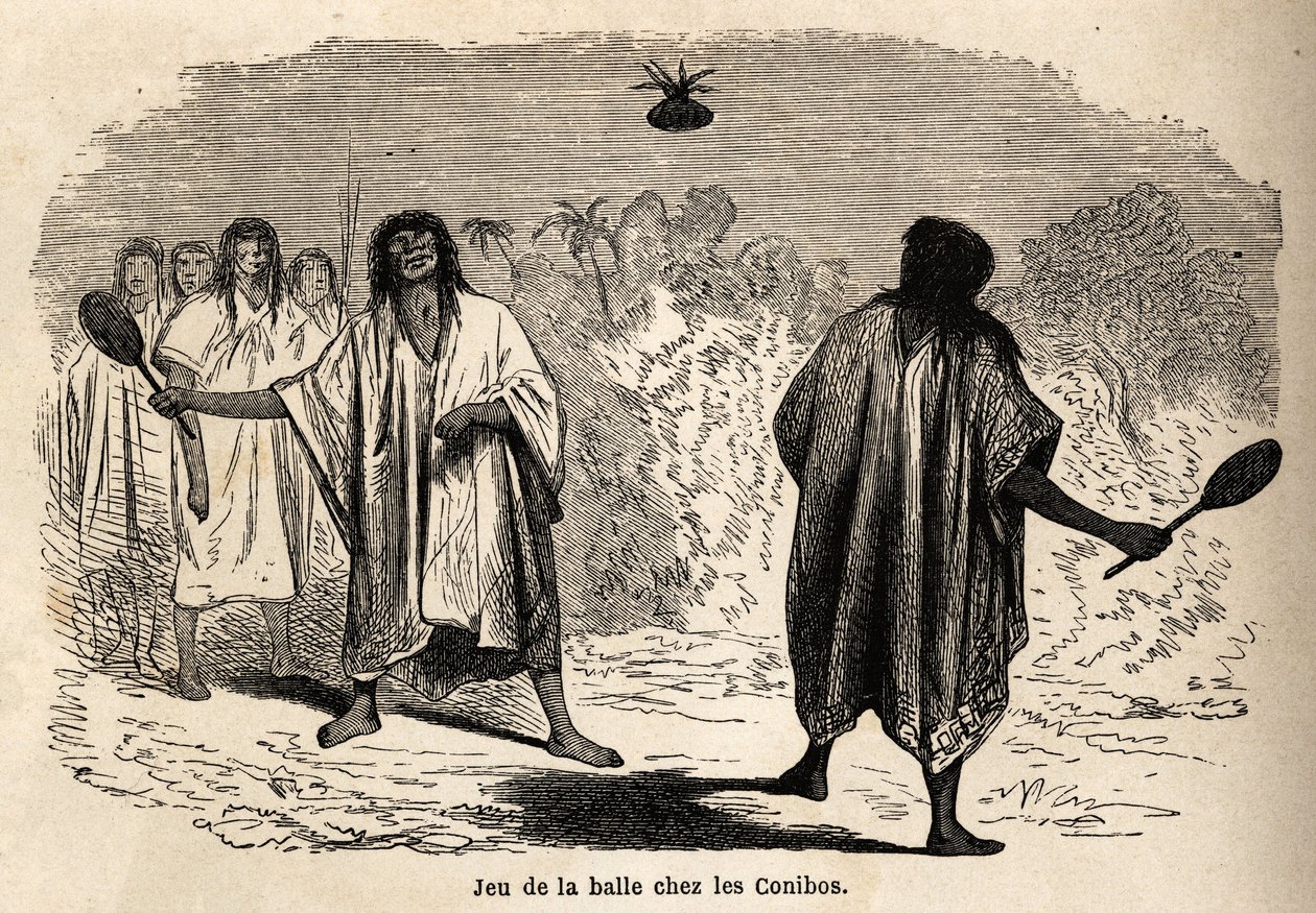 The ball game, among the Indian conibos of Peru, drawing by Riou to illustrate the voyage, from 1848 to 1860, of P. Marcoy, from the Pacific Ocean to the Atlantic Ocean. Engraving in 