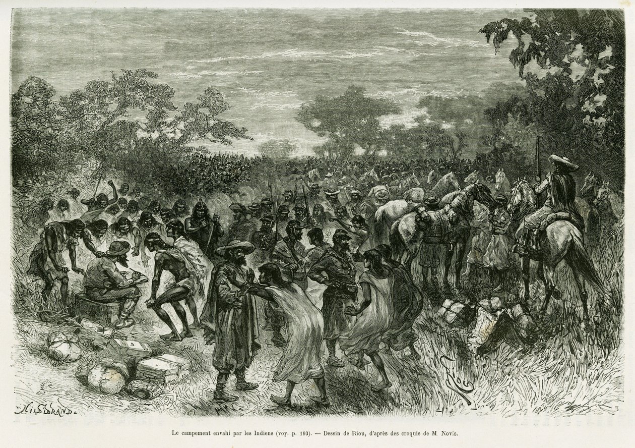 The camp invaded by the Indians. Engraving by Riou, to illustrate the story 