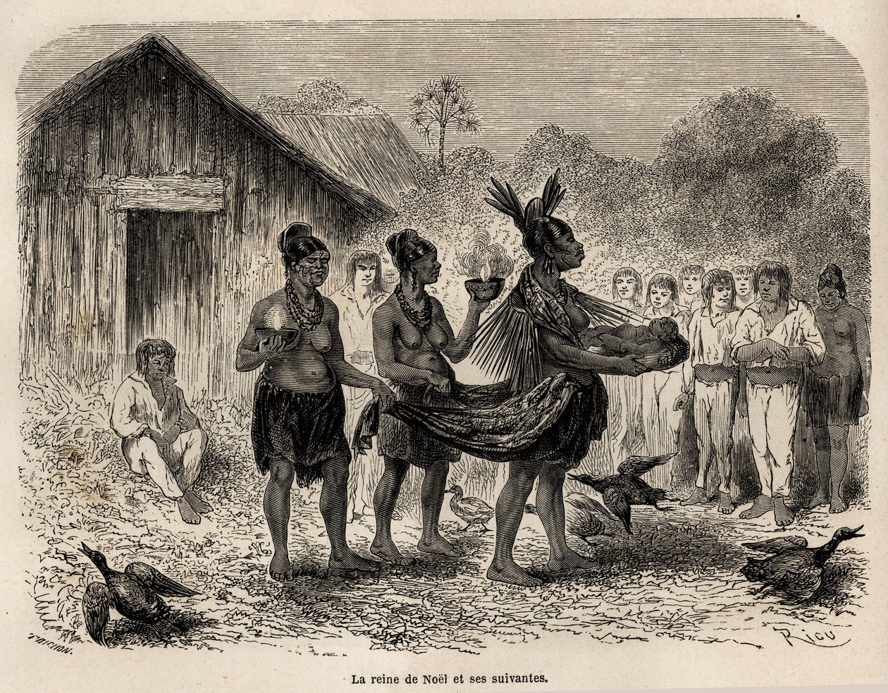The celebration of the Christmas feast in Sarayacu (Peru), the Christmas queen carries the child Jesus in a basket, and accompanied by two followers, she presents the child to all the houses of the village, drawing by Riou, to illustrate Paul Marcoy