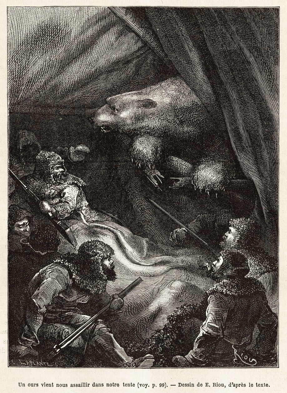 The crew of the ship La Germania hunting on the ice, visited by a polar bear. Engraving illustrating a voyage to the North Pole by Edouard Riou