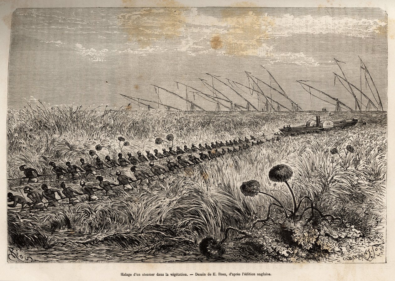 The hauling of a steamer through the vegetation rafts that invade the hollow canal to leave a marsh, etched after a drawing by E. Riou, illustrating an armed expedition in Central Africa, for the suppression of the black trade by Edouard Riou