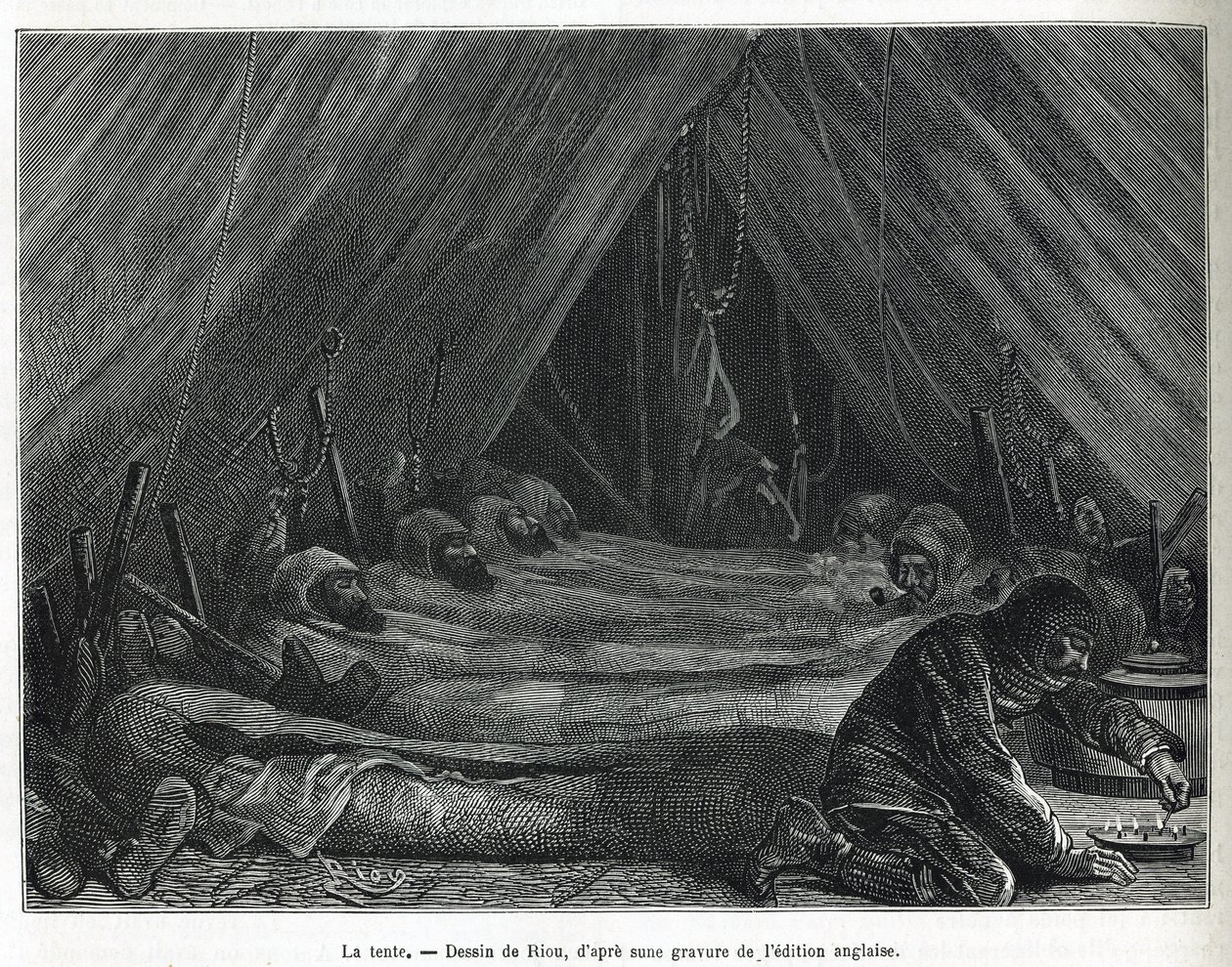 The interior of the tent on the ice floe (drawing by Riou, to illustrate the story of a voyage to the polar sea in 1875-1876 by Captain G. S. Nares. Engraving in 
